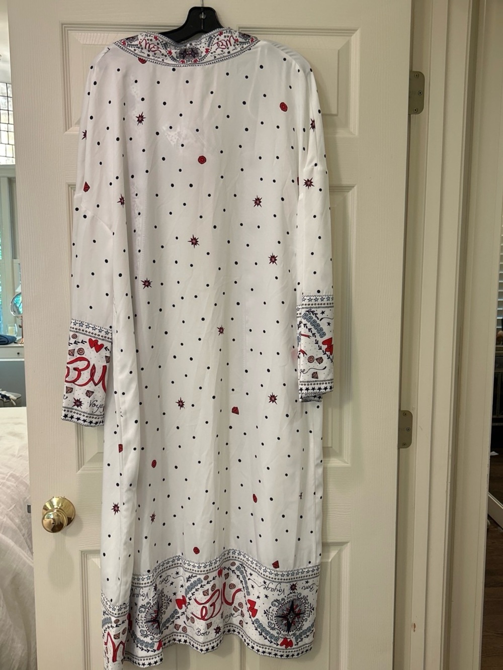 Badgley Mischka White Printed Long Robe with Red & Navy Accents - Picture 3 of 5